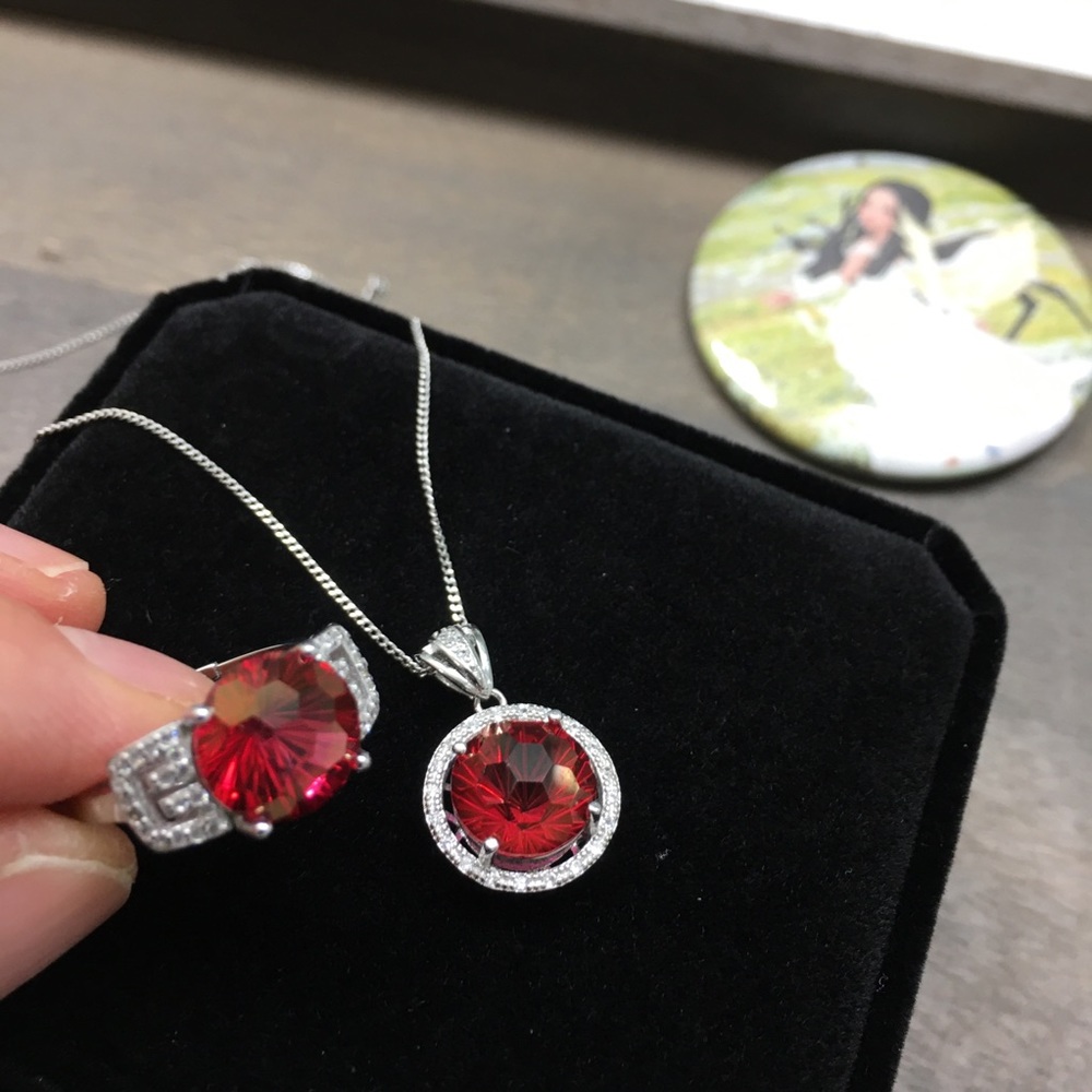 Certified 11.5 CT Red Topaz Ring Necklace Set RARE - Picture 15 of 17